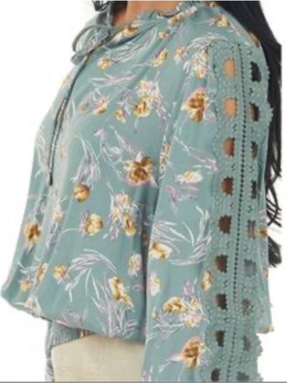 Easel sage green floral print SzM crochet lace sleeves boho peasant festival top